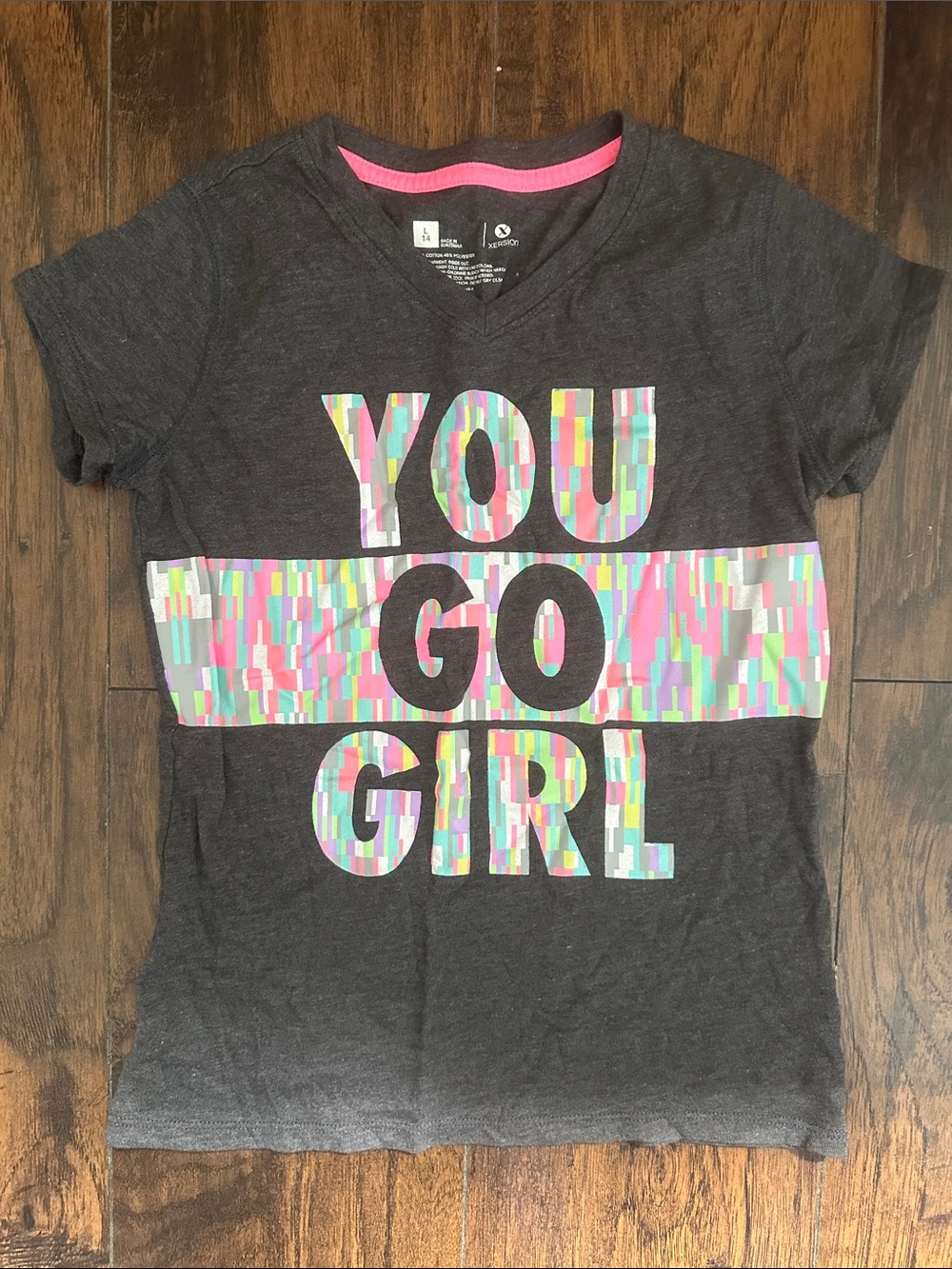 Xersion Charcoal V-Neck Tee with Pastel Multicolor 'YOU GO GIRL' Print